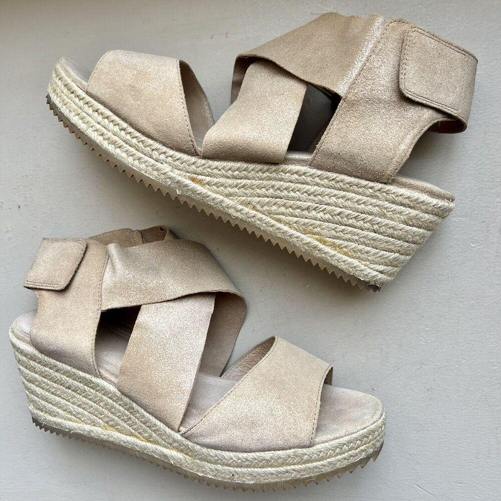 Eileen Fisher Metallic Nude Tan Leather Espadrille Wedge‎ Crossover Sandal US 10